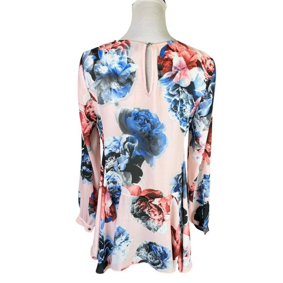 CeCe Pink Peony Floral Print Long Sleeve Peplum Chiffon Tunic Blouse - Picture 2 of 10